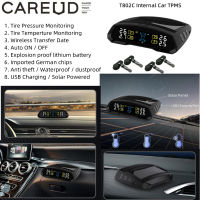 CAREUD T802C-TJ จอแสดงผล LCD ภายในรถยนต์ TPMS ระบบตรวจสอบความดันลมยางรถยนต์พร้อมเซ็นเซอร์ 4 ช่องชาร์จพลังงานแสงอาทิตย์ USB