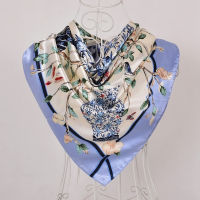 [BYSIFA] Navy Blue Chinese Roses Large Square Scarves New Female Elegant Large Silk Scarf Fashion Ladies Accessories 90*90cm