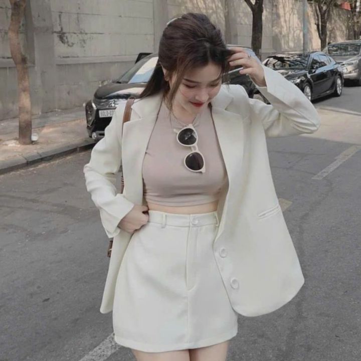 sét bộ nữ áo blazer dài khoác ngoài kèm áo balo mix chân váy chữ A ...