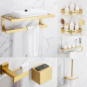 Luxury Bathroom Shelf Brushed Gold Shower Storage Organizer Rack With Towel  Rack