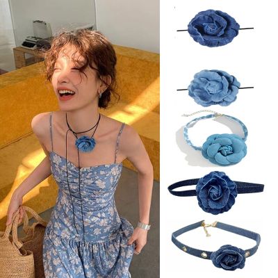 【CW】Goth Cloth Big Rose Pendant Choker Jean Cloth Necklace for Women Elegant Weave Knotted Bowknot Adjustable Chain Jewelry Gift