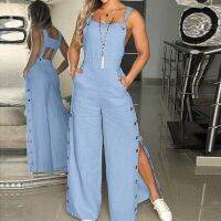 HOT★ผู้หญิงเซ็กซี่ Romper jumpsuit 2023ฤดูร้อนแขนกุด Twisted Knot ผ้าฝ้าย strappy กางเกงปุ่มเปิด WOMENS Jumpsuits