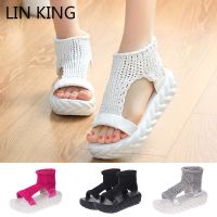 LIN KING Top Quality Leisure Women Wedges Sandals Wook Knit Platform Shoes Anti Skid Student Shoes Ladies Slip On Lazy Sandals