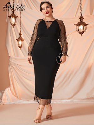【YF】 Add Elegant Plus Size Womens Dresses Petal Sleeve Neckline Paneled Sheer Mesh Female O Neck Waist Split Back Bodycon Dress B752