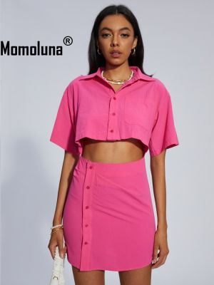 Momoluna Barbecor ชุดเดรสเสื้อแฟชั่นมีกระดุมผ่าเอวสีชมพูสำหรับผู้หญิงเสื้อคลุมแขนสั้นเสื้อชุดมินิเดรส S M L