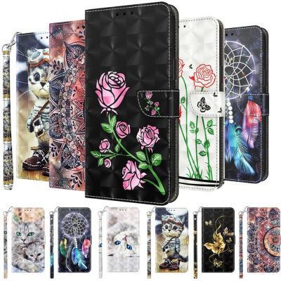 3D Cat Mandala Butterfly Rose Phone Case For Redmi Note 9 9S 11 11S Pro 9A 10C Book Cover Flip Leather Fundas Card Slot