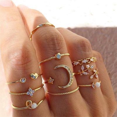 Hot Punk Gold Color Chain Set of Rings For Teens Women Fashion Hollow Opening Finger Rings Gift 2022 Wedding Jewelry Party