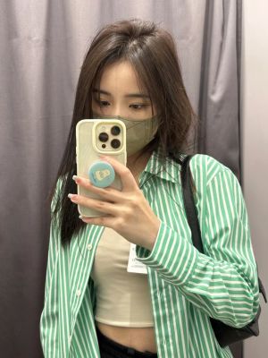 เสื้อเชิ้ตลำลองแขนยาวของผู้หญิงเสื้อเชิ้ตมีลายผ้าฝ้ายสีเขียวฤดูใบไม้ผลิ2023ห้องลองเสื้อตัว U แบบญี่ปุ่นใหม่458261