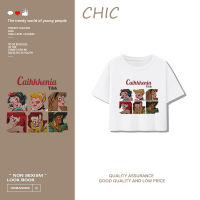 เสื้อสั้นหลวม CHIC ผ้าฝ้ายแท้  เสื้อยืดแขนสั้นพิมพ์ลายเจ้าหญิงน่ารัก สบาย ๆ A0782