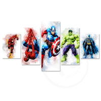 Marvel Watercolor 5 Piece Art Canvas Painting Superhero Wall Print 5 Panel Poster Childrens Bedroom Kids Art Home Decor Unframe