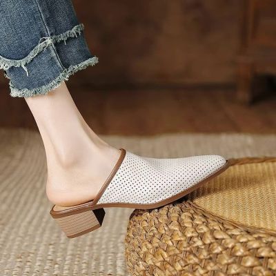 ✁ Full leather summer womens shoes genuine leather mid-heel pointed toe hollow sandals super soft heelless single shoes thick heel toe-cap half slippers