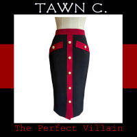 TAWN C. The Perfect Villain Collection - Black &amp; Red Crepe Clair Skirt กระโปรงสอบผ้าเครปตัดแต่งสีแดงแต่งกระดุมขาวทอง