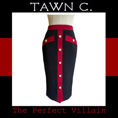 TAWN C. The Perfect Villain Collection - Black &amp; Red Crepe Clair Skirt กระโปรงสอบผ้าเครปตัดแต่งสีแดงแต่งกระดุมขาวทอง