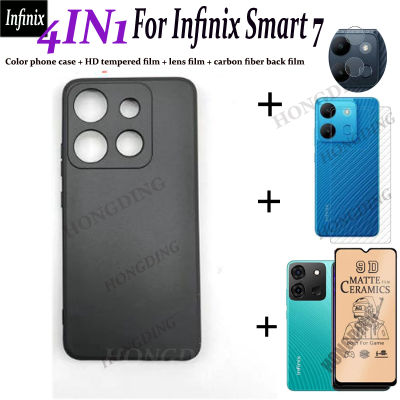 4IN1For Infinix สมาร์ท7จริงเปิดเคสกรอบสีดำสีดำด้านเคสโทรศัพท์มือถือรวมทุกอย่าง + กระจกนิรภัยเต็มชนิดเคลือบเพื่อความอ่อนโยนด้าน + สติกเกอร์หน้าจอด้านหลังเลนส์กล้องถ่ายรูป + แผ่นฟิล์มด้านหลังคาร์บอนไฟเบอร์