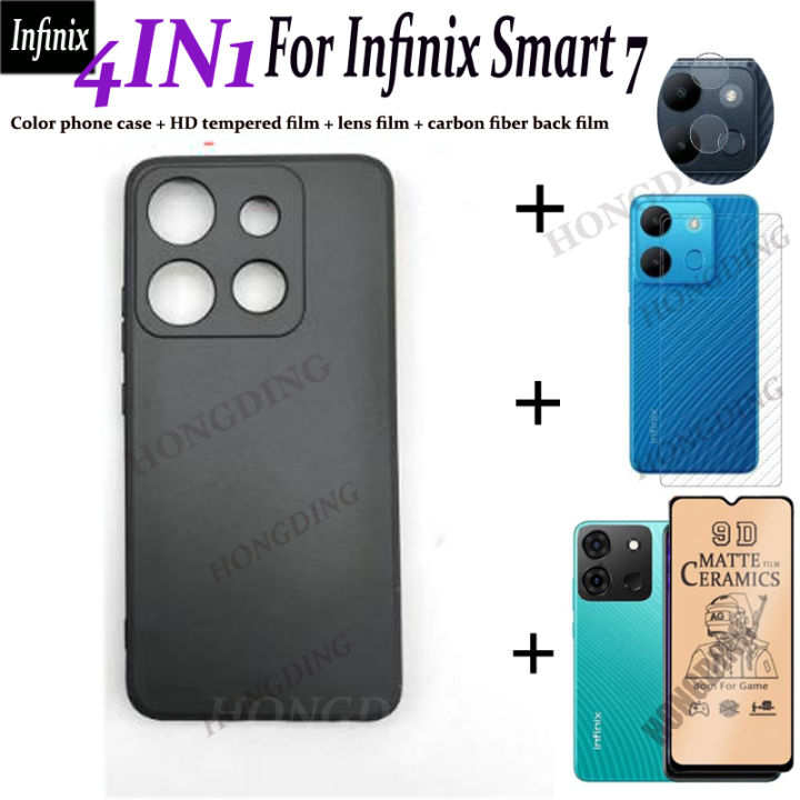 4in1for-infinix-สมาร์ท7จริงเปิดเคสกรอบสีดำสีดำด้านเคสโทรศัพท์มือถือรวมทุกอย่าง-กระจกนิรภัยเต็มชนิดเคลือบเพื่อความอ่อนโยนด้าน-สติกเกอร์หน้าจอด้านหลังเลนส์กล้องถ่ายรูป-แผ่นฟิล์มด้านหลังคาร์บอนไฟเบอร์