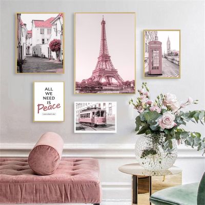รถรางเมืองสีชมพูดอกไม้ปารีสหอคอยคำพูดที่โปสเตอร์แบบนอร์ดิกและศิลปะบนผนังภาพวาดผ้าใบติดผนัง69F 0717