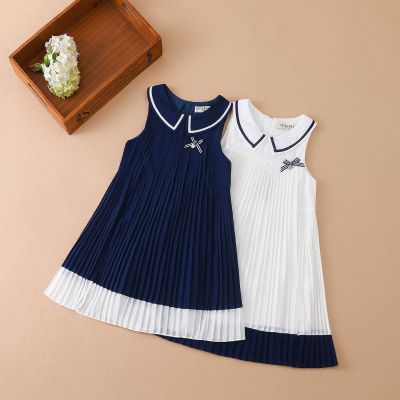 Girls Dress Summer Chiffon Pleated Dress Childrens Sleeveless Dress Fashionable Baby White Princess Dress