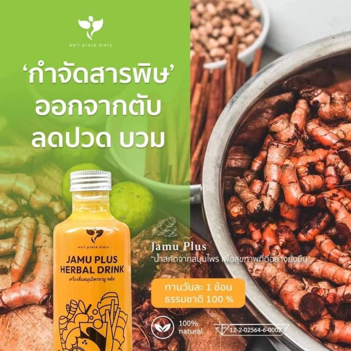 jamu-plus-น้ำจามู-เครื่องดื่มสมุนไพร-น้ำสกัดขมิ้นชัน-ขิง-มะขาม-สมุนไพร-ตะไคร้-อบเชย-พริกไทย-กระวาน-มะนาว