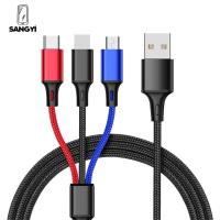 SANGYI ที่ชาร์จแบตสำรองหนึ่งสายข้อมูลสามไมโคร USB สายไนล่อนสายชาร์จข้อมูลสายข้อมูลสายชาร์จเร็วสาย USB 3 In1