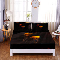 Golden Jellyfish Digital Printed 3pc Polyester Fitted Sheet Mattress Cover Four Corners with Elastic Band Bed Sheet Pillowcases