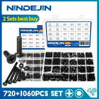 NINDEJIN 2เซ็ต720ชิ้นแล็ปท็อปชุดสกรูและ1060ชิ้นอัลเลนหัว Hex ซ็อกเก็ตหัวหมวกสกรูชุดเหล็กคาร์บอน