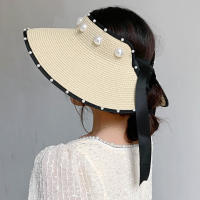 Foldable Empty Top Straw Hats For Women Summer white Imitation Pearl Beach Visor Caps UV Protction Adjustable Ribbon Sun Hat