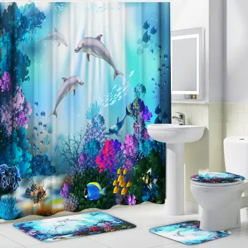 180X180cm Tropical Beach Dolphin Sea Fish Shower Curtain Blue Ocean Theme +  Hooks Ring