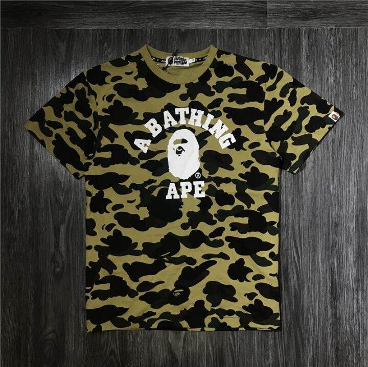 เสื้อยืดคู่รักญี่ปุ่น-bape-แขนสั้น5แถบผู้ชาย-เสื้อยืดคู่กันหัวลายพราง-velcro-ผ้าฝ้ายขนาดใหญ่บริสุทธิ์