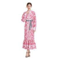 Women Dress Spot Real  Elegant Long Sleeve  Vintage Printed Maxi Dress with Belt