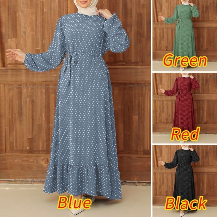 ชุดเดรสมีเข็มขัดลายจุด-abaya-เรียบหรูชุดอาบแดดผู้หญิง-kaftan-ลายจุดน่ารัก