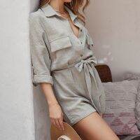 ；【‘；- Solid Casual Womens Shirt Jumpsuit Daily Commuting Professional Wear Summer Lightweight Comfortable Street One Piece Shorts