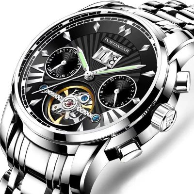 ⌚POEDAGAR นาฬิกาข้อมือสำหรับผู้ชาย,นาฬิกาข้อมือกลไกอัตโนมัติหรูหรานาฬิกาแบรนด์ชั้นนำกันน้ำย้อมสแตนเลสธุรกิจเรืองแสง