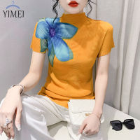 YIMEI เสื้อยืดแขนสั้นลายดอกไม้ย้อนยุคสำหรับผู้หญิง,ใหม่2023เสื้อตาข่ายสไตล์ยุโรปเข้ารูปพอดีใส่ได้หลายโอกาสคอสูงครึ่งหนึ่ง