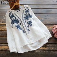 COD dhdfxcz ZANZEA Women V Neck Embroidery Flower Asymmetrical Hem Blouse