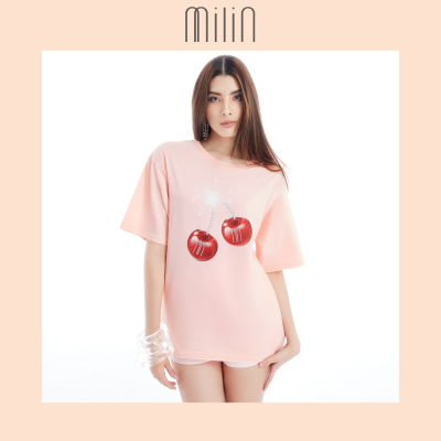[MILIN] Milin Cherry Bomb with crystals shorts sleeves T-shirt เสื้อยืดมิลินลายเชอรี่บอมบ์ตกแต่งด้วยดีเทลโลโก้ Milin ด้วยคริสตัลสีเงิน / Cherry Crush T-Shirt 41