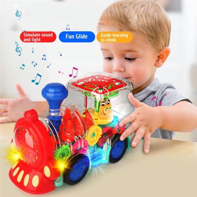 Electric Gear Train Toy Kids Transparent Train Model Battery Operated Walking Toy With Light And Music Gifts For Boys And Girls