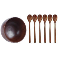 Wooden Bowls Wooden Soup Bowl &amp; Wooden Spoons, 6 Pieces Wood Soup Spoons for Eating Mixing Stirring Cooking, Long Handle