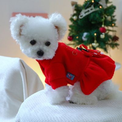 Dogs Dress with Bowknot Decors Merry Christmas Pet Dress Winter Dogs Warm Skirt Dresses