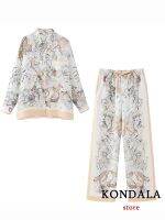 【DT】hot！ KONDALA Print Holidady Set Fashion 2023 Sleeve Silk Oversized Shirt Wide Leg Drawstring Pant