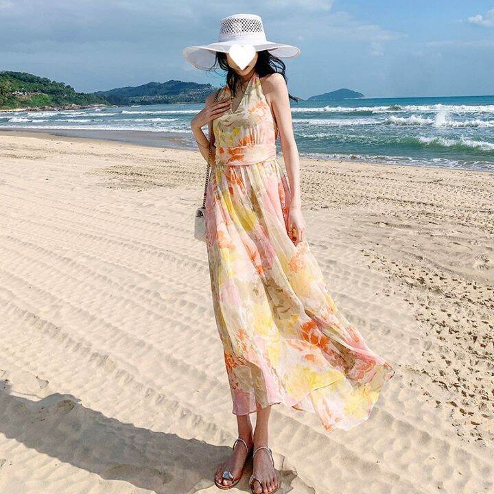 summer-holiday-flower-show-new-romantic-amorous-feelings-seaside-skin-white-hanging-neck-backless-dress-dress