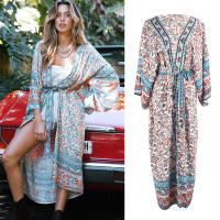 2023 Print Floral Holiday Cardigan Long Kimono  Print Half Sleeve Dress Summer Beach Wear Plus Size Women Clothes Sexy V-neck Lady Loose Dresses Bikini Cover Up Swimwear