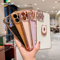 KISSCASE เคส TPU นิ่มตั้งวงแหวนชุบสุดหรูได้สำหรับ IPhone 14 13 12 11 Pro Max 14 Plus Xs Max Xr X เคสฝาปิดมีที่ยึดหมีน่ารักกันกระแทก