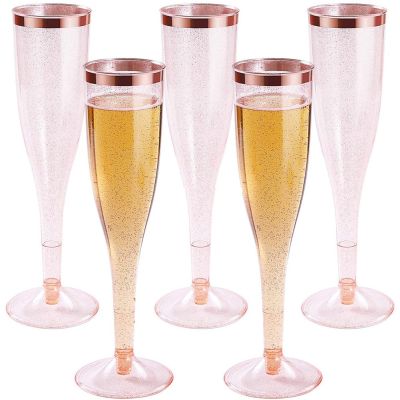 Plastic Champagne Flutes with Rose Gold Glitter and Rose Gold Rim Reusable Disposable Mimosa Glasses for Party