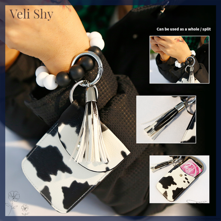 veli-shy-พวงกุญแจสร้อยข้อมือลูกปัดคล้องข้อมือซิลิโคน-เคสหนังกำไลข้อมือพู่ห้อยสำหรับกระเป๋าเก็บบัตร