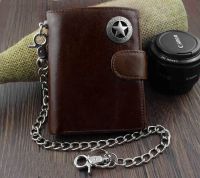 Vintage Mens Genuine Leather Trifold Wallet Coins Purse with Metal Key Chain CoffeeBlack