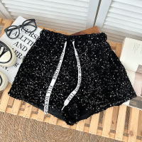 Glitter Shorts summer Letter Drawstring Elastic Waistband  Wide Leg Pants Casual Pants Women Summer party AIXINTH