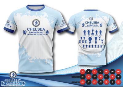 เสื้อพิมพ์ลาย ยอดฮิต ลาย เชลซี สีฟ้าขาว ลายถ้วยรางวัล แชมป์ Chelsea