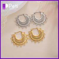 PETI JEWELLERY ดอกบัวดอกบัว ต่างหูห่วงแมนดาลา ทองเงินเงิน เหล็กไร้สนิม ห่วงหูโบฮีเมีย วินเทจ ของขวัญเครื่องประดับงานแต่งงาน ต่างหูรูปทรงเรขาคณิต สำหรับผู้หญิง