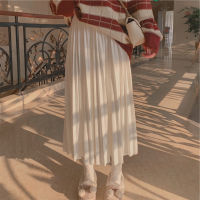 Autumn and Winter High Waist Pleated White Skirt Women Mid-length A-line Long Skirt Pleated Skirt Cover Crotch Skirt