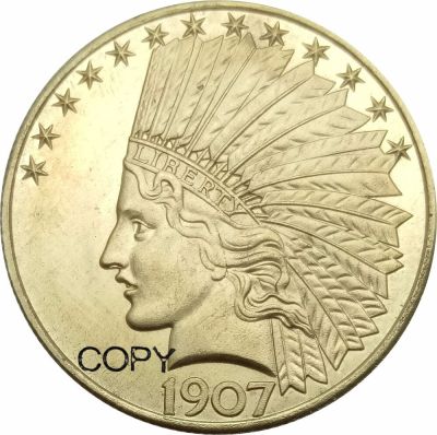 เหรียญนกอินทรีหัวอินเดียราคา10ดอลลาร์สหรัฐไม่มีคำขวัญ1907เหรียญเลียนแบบทองเหลือง